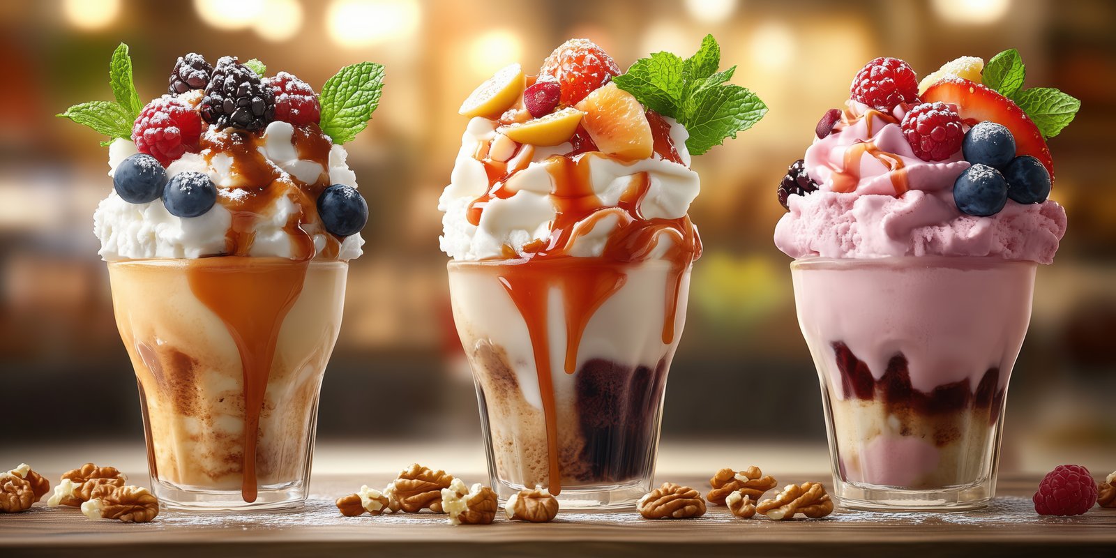 Delicious dessert trio featuring ice cream sundaes topped with fresh fruit and caramel sauce on a wooden table